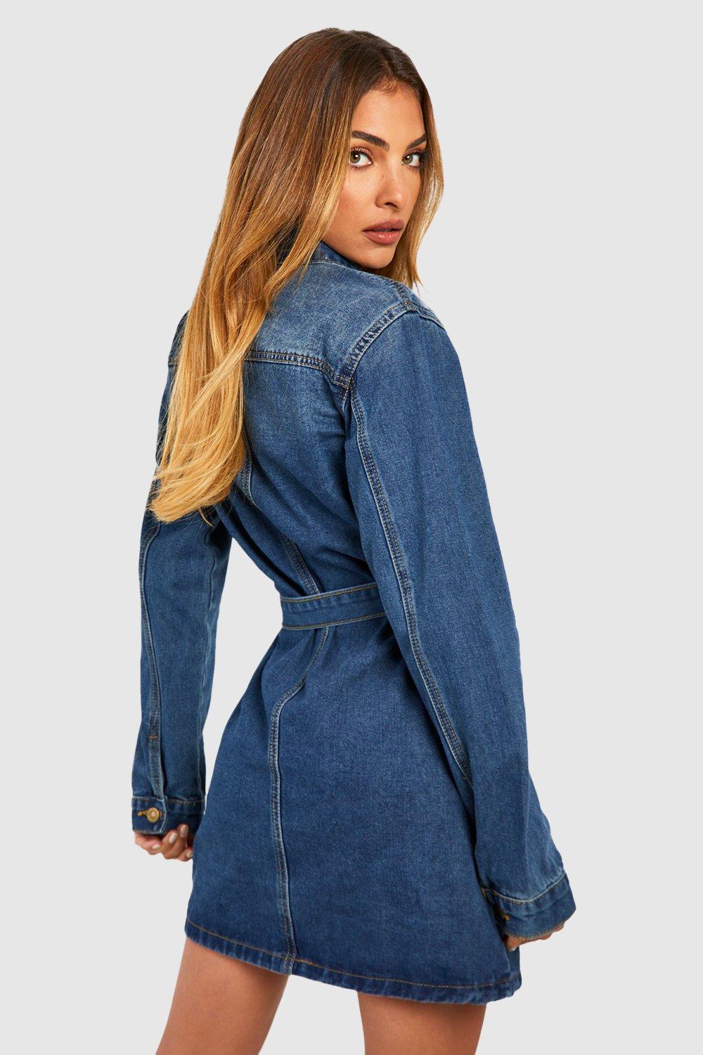 Utility Pocket Belted Denim Mini Shirt Dress